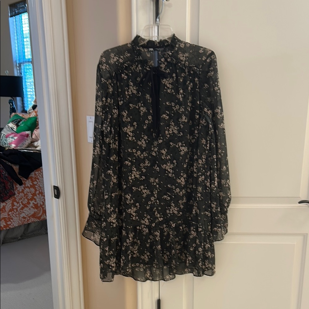 Zara Dark Green w Cream and Black Floral Sheer Dress with built-in black lining